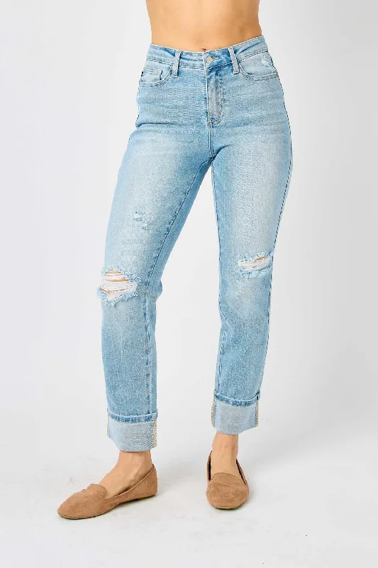 Men's Jeans with a Button - Fly for a Traditional and Classic AestheticAmericana Flag Cuffed Boyfriend Jeans In Blue