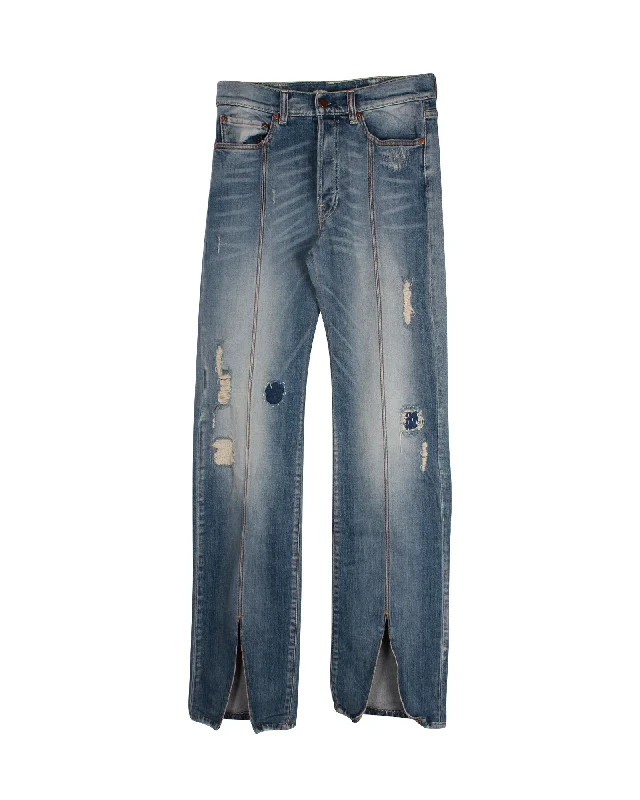 Men's Jeans with an Elastic Waistband for Ultimate ComfortOff-White Distressed Straight Leg Denim Jeans in Blue Cotton