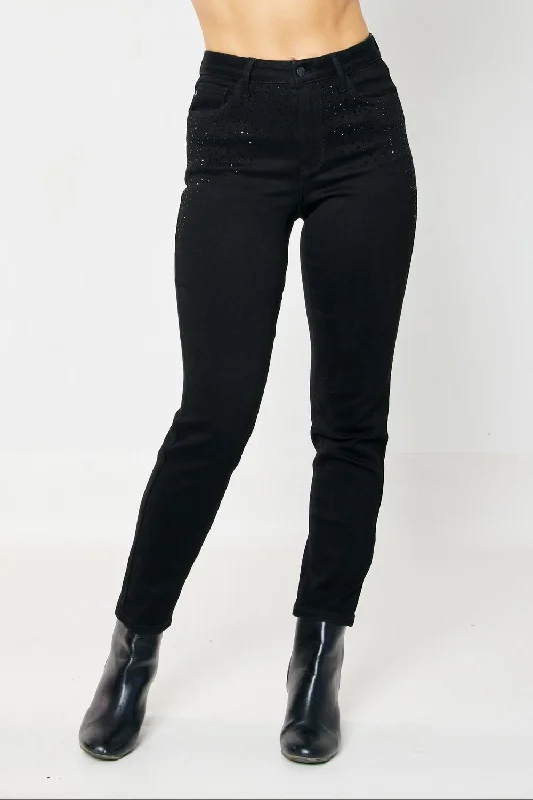 Men's Jeans with a Zip - Off Lower Leg for Convertible StyleRhinestone Embellishment Slim Jeans In Black