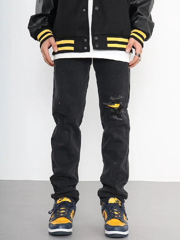 Men's High - Waisted Jeans in a Medium Wash for a Vintage - Style RevivalStraight Patch Jeans with Holes