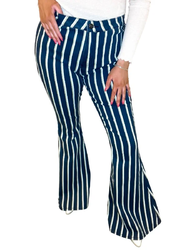 Plus Size Men's Bootcut Jeans with a Belt Loop Upgrade for a Stylish TouchStripe Flare Jeans In White & Green Pinstripe