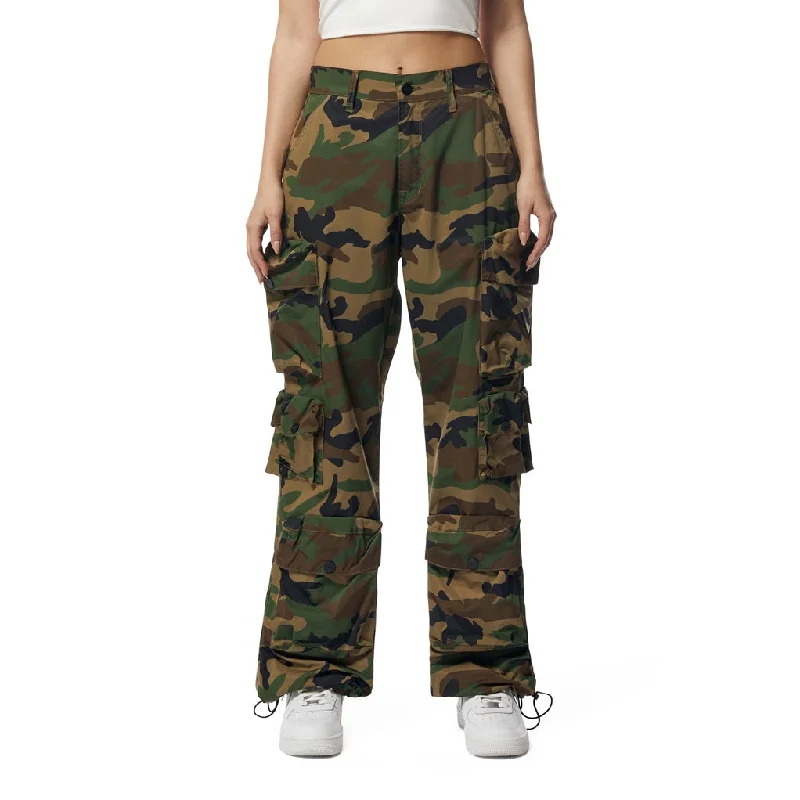 Women's Cargo Pants with Zippered Pockets in Dark Brown for Secure Storage on the GoWide Leg Cargo Pants - Wood Camo