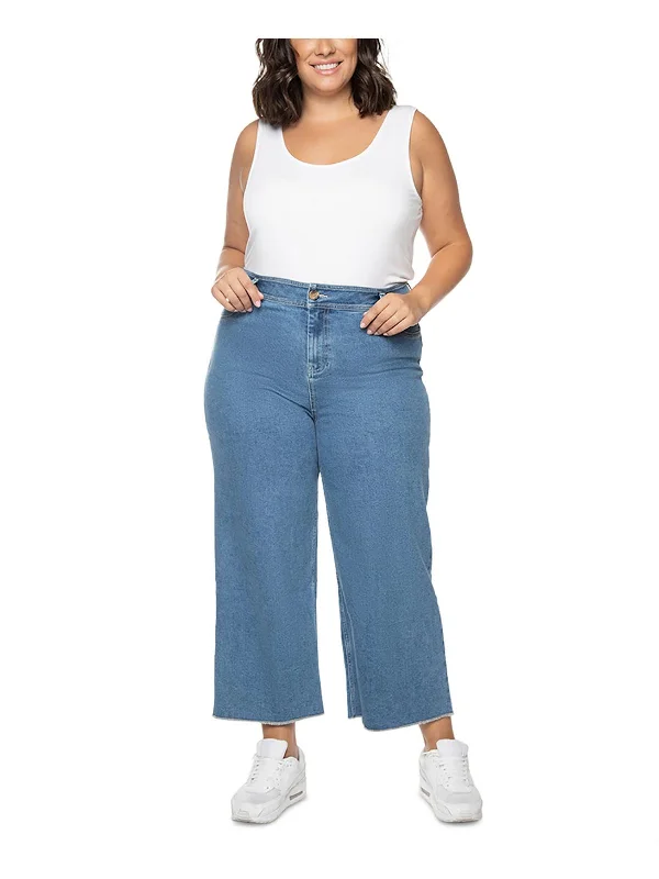 Plus Size Men's Relaxed Fit Jeans with a Tapered Leg for a Laid - Back VibeWomens Frayed Hem Denim Wide Leg Jeans