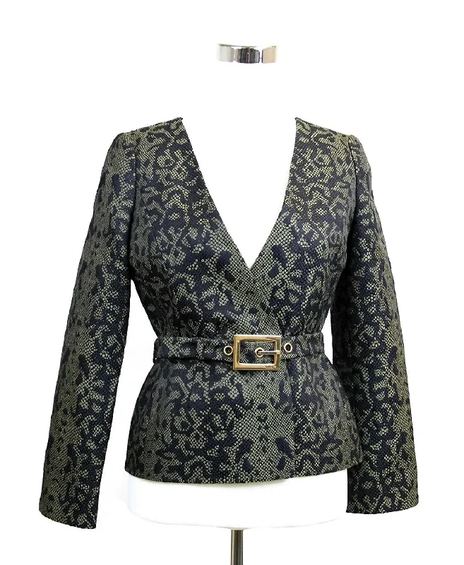 Single - Breasted Women's Linen Blend Blazers in Earth Tones for Casual WearGucci Women's Green Black Cotton Silk Acrylic Print Belt Runway Blazer Jacket