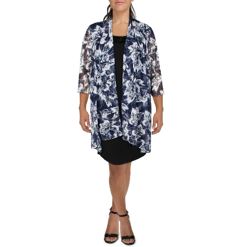 Plus Size Women's Embroidered Blazers in Floral Patterns for a Feminine TouchPlus Womens Mesh Printed Duster Blazer