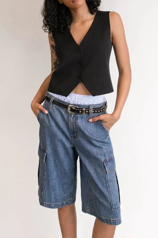 Women's Skinny Fit Leather - Look Cargo Pants in Black for a Bold and Edgy EnsembleLONG CARGO DENIM SHORT