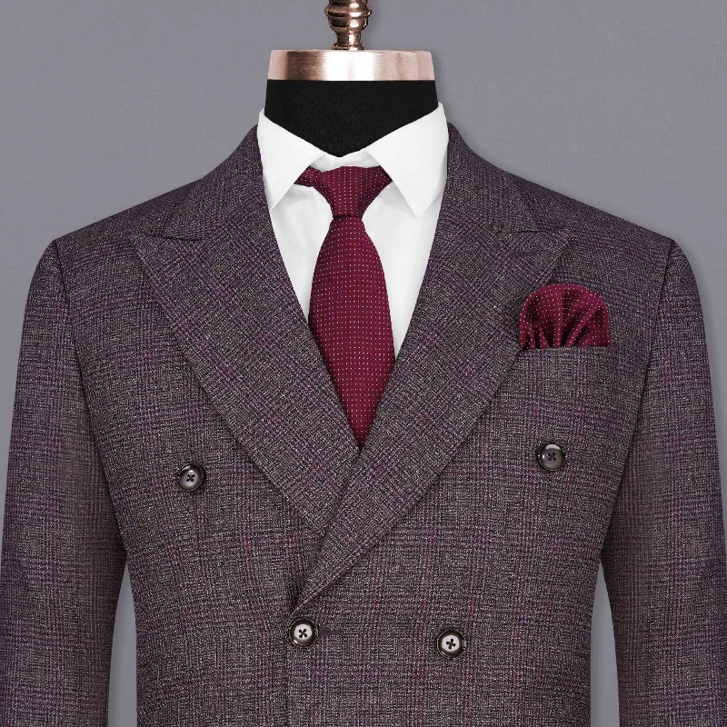 Women's Slim - Fit Blazers in Charcoal Gray for a Professional AppearanceMatterhorn Brown with Maroon Subtle Plaid Double Breasted Blazer