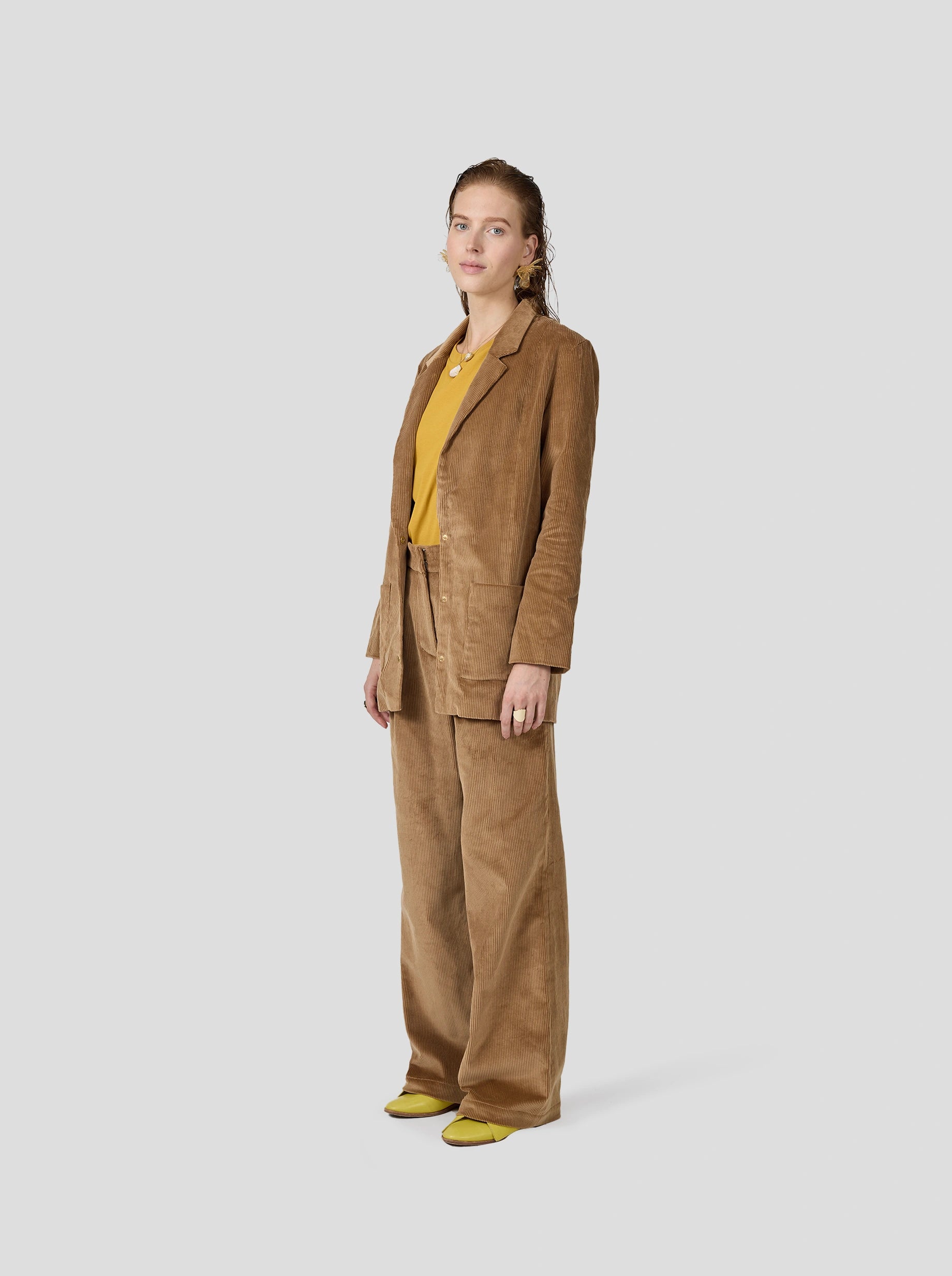 Women's Belted Blazers in Camel Color for a Sophisticated OutfitSonny Crockett blazer in shiny caramel corduroy