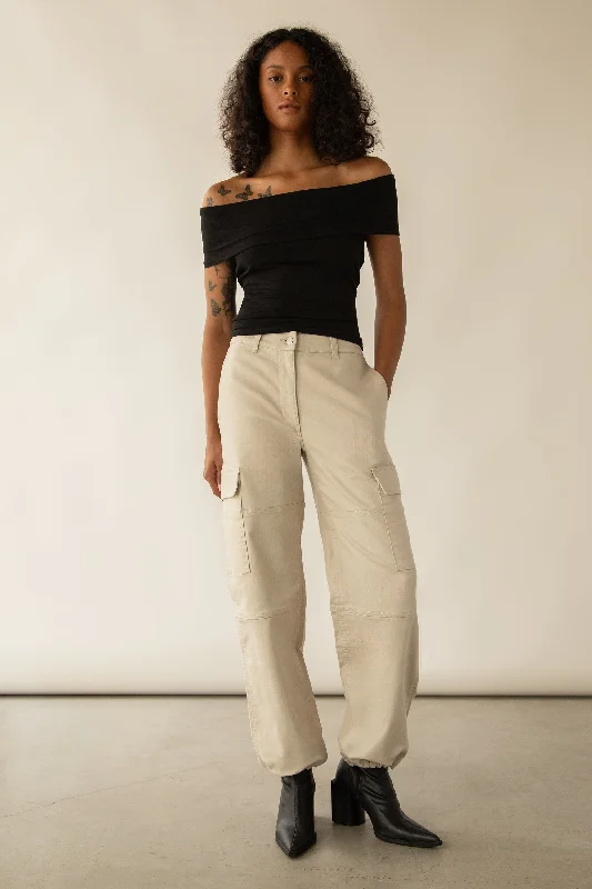 Women's Skinny Fit Leather - Look Cargo Pants in Black for a Bold and Edgy EnsembleTWILL WIDE LEG CARGO PANT WITH SHOCK CORD