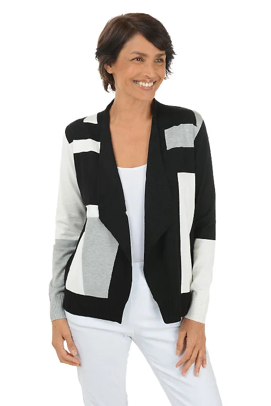 v neck women cardigan to elongate the necklineSilver Colorblock Cascade Open Front Cardigan