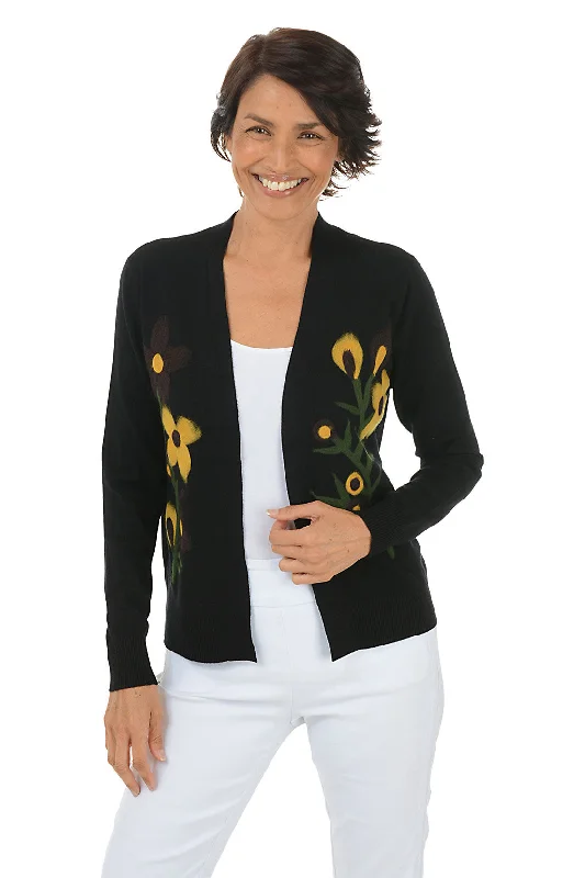 organic cotton women cardigan for an eco - friendly choiceBlack Felted Flower Buds Open Cardigan