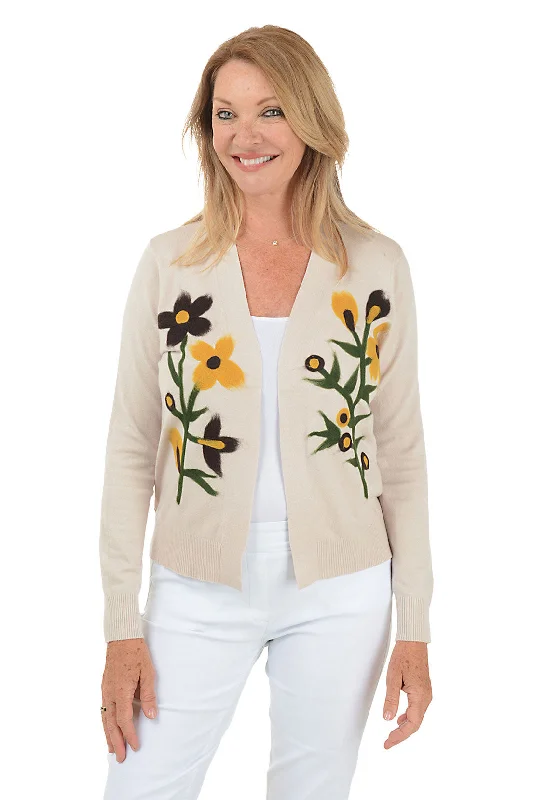 sequin embellished women cardigan for special occasionsWinter White Felted Flower Buds Open Cardigan