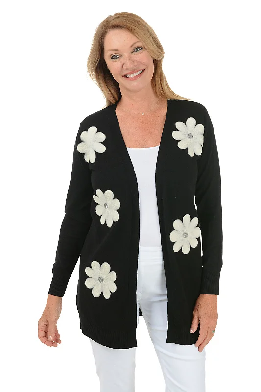 color block women cardigan with bold huesBlack Felted Daisies Duster Cardigan