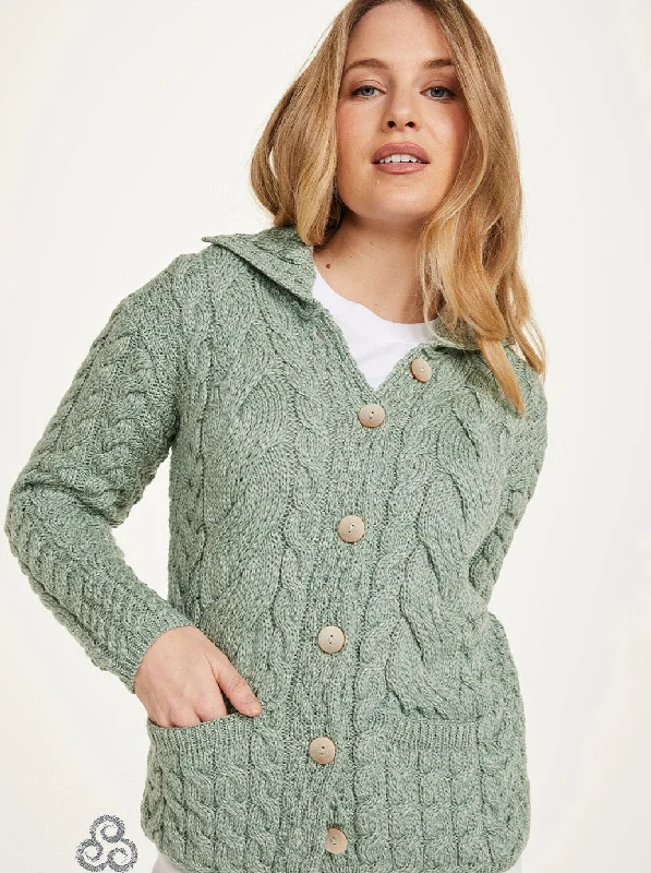 machine washable women cardigan for easy careAran - Button Cable Cardigan - Light Green