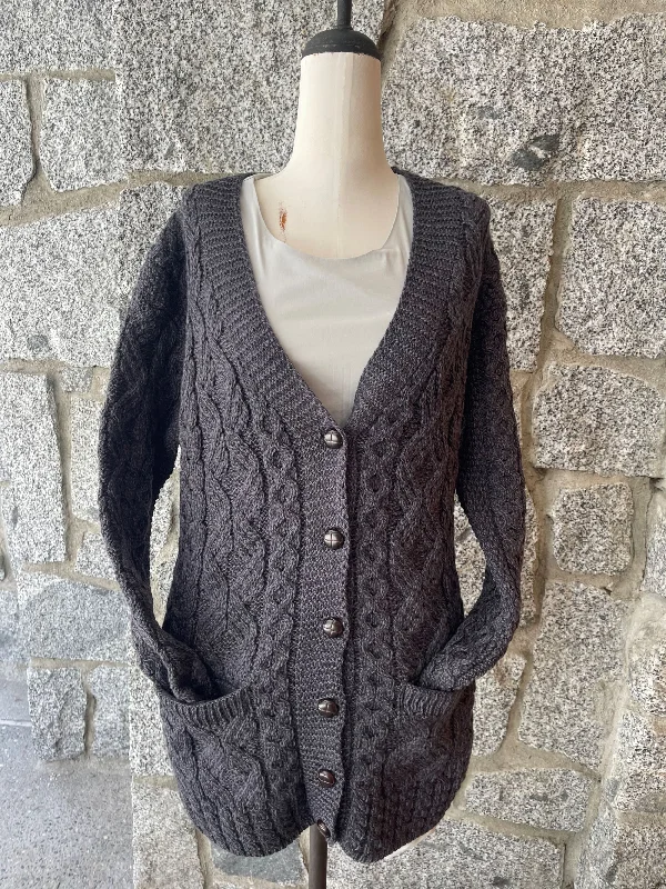 open front women cardigan for easy stylingAran - Buttoned Longline Cardigan - Charcoal