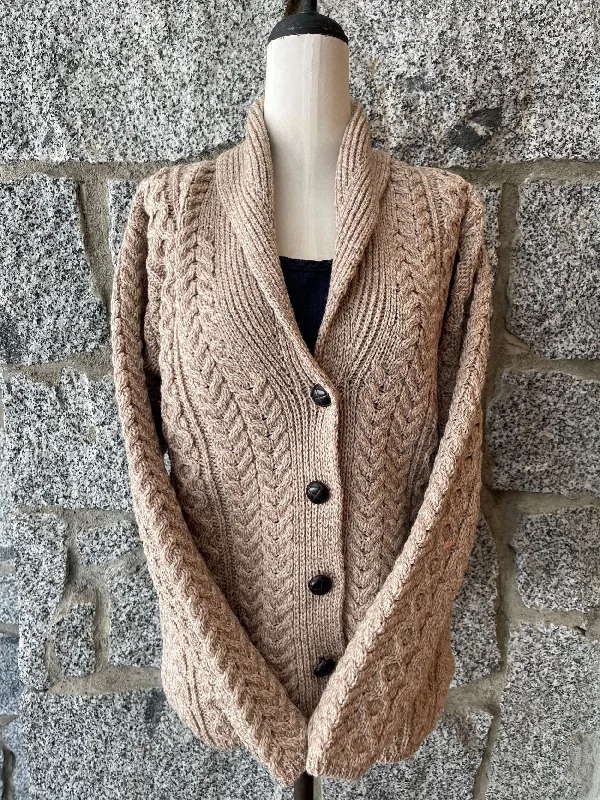 lightweight women cardigan for spring and fallAran - Shawl Collar Cardigan with Buttons - Toasted oat