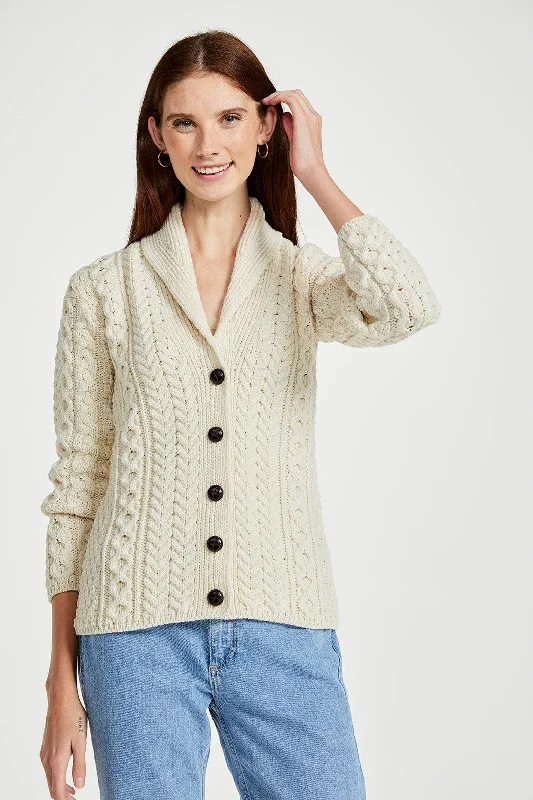 floral print women cardigan for a feminine touchAran - Shawl Collar Cardigan with Buttons - White