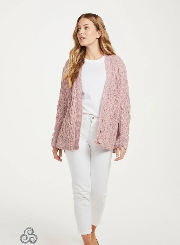 hooded women cardigan for added warmth and styleAran - Vented box Cardigan with Buttons and trellis - Pink