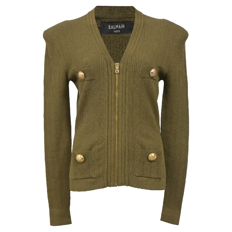 floral print women cardigan for a feminine touchBalmain Zip Cardigan in Olive Green Wool