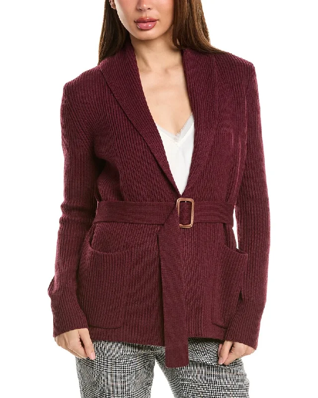 cable knit women cardigan with intricate patternsBruno Magli Ribbed Belted Shawl Wool Cardigan