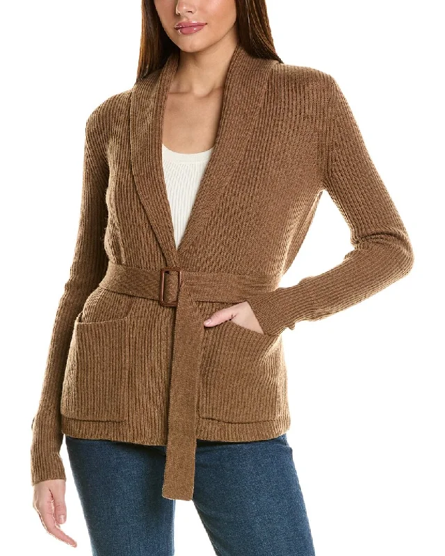 plus size women cardigan for comfortable layeringBruno Magli Ribbed Belted Shawl Wool Cardigan