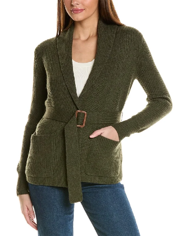 cropped women cardigan to pair with high - waisted jeansBruno Magli Ribbed Belted Shawl Wool Cardigan