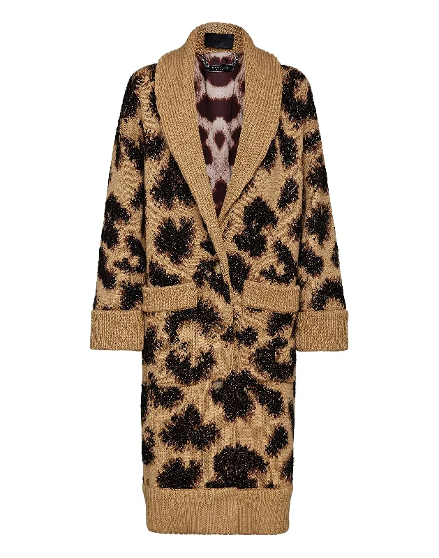 v neck women cardigan to elongate the necklineCardigan Long Jacquard Lurex Leopard