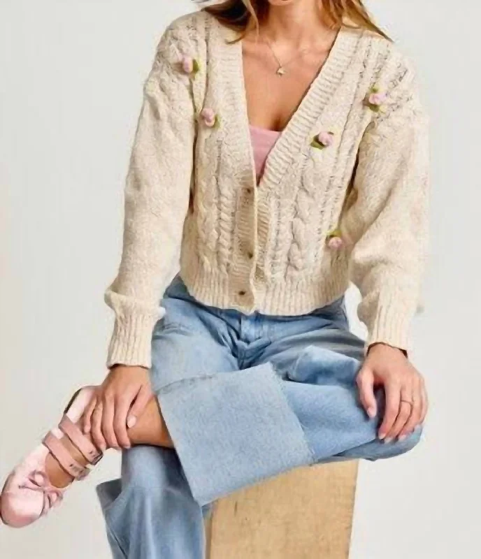 cropped women cardigan to pair with high - waisted jeansCharlotte Rosette Cardigan In Cream