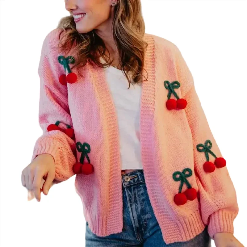 hand knitted women cardigan with artisanal charmCherry Long Sleeve Knit Cardigan In Pink