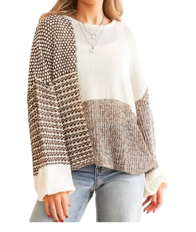 Plus Size Women's Side - Slit Sweaters in Bold SolidsColorblock Sweater In Brown/ White