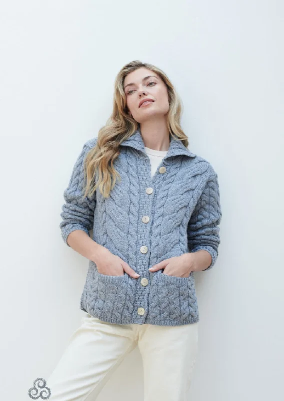 v neck women cardigan to elongate the necklineAran - Button Cable Cardigan - Light Blue