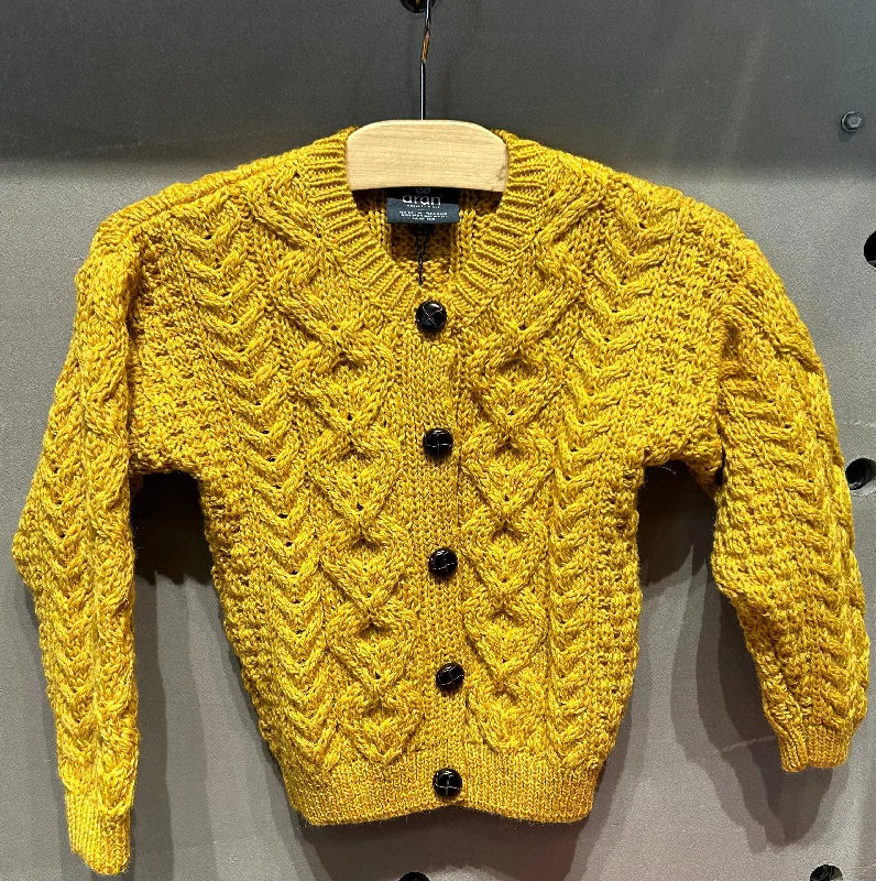 v neck women cardigan to elongate the necklineAran - Children's Traditional Lumber Cardigan - Yellow