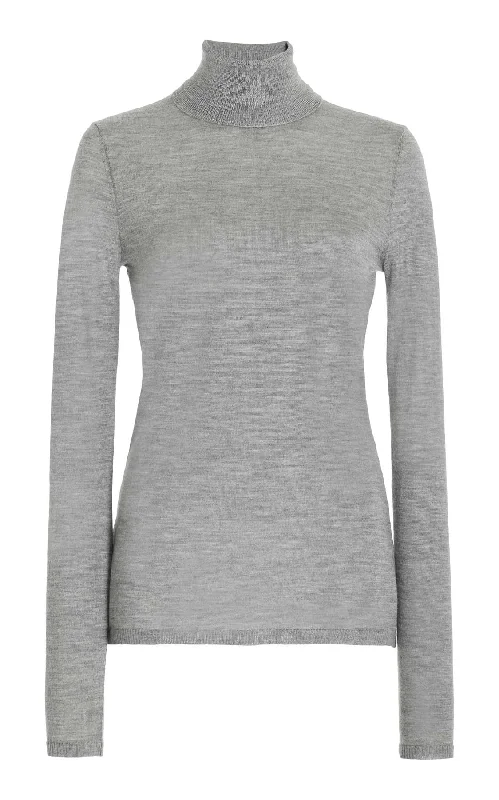 Tie - Front Women's Lambswool Sweaters in Pastel HuesCosta Knit Turtleneck in Heather Grey Cashmere Silk