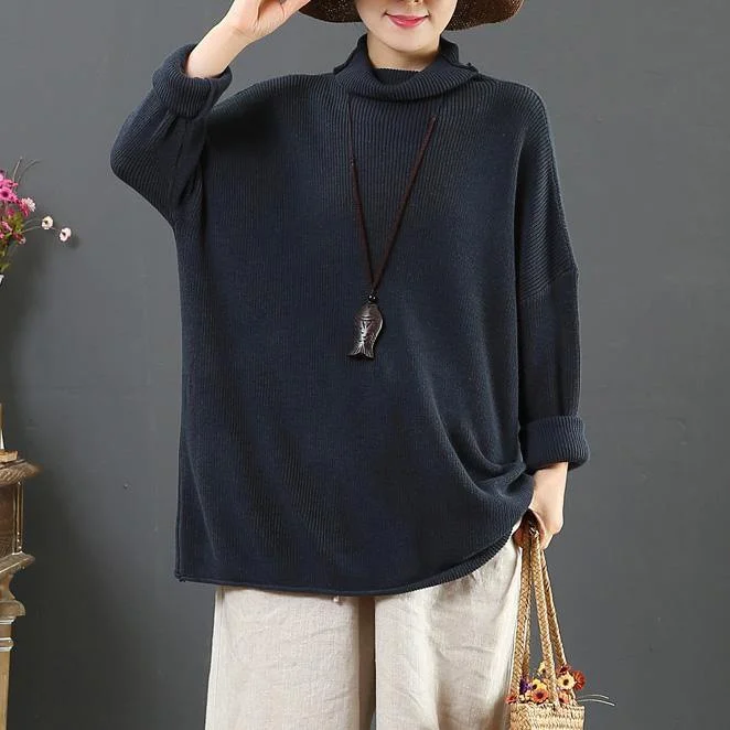 Tie - Front Women's Lambswool Sweaters in Pastel HuesCute gray blue knit blouse loose oversized high neck sweaters