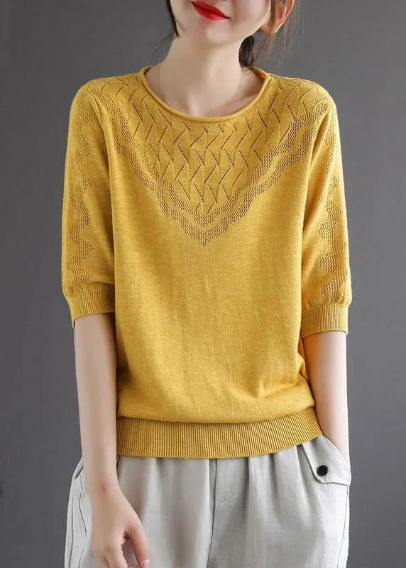 Button - Down Women's Shetland Wool Sweaters in Traditional Patternsdiy Yellow Hollow Out Hole Casual Fall Sweater