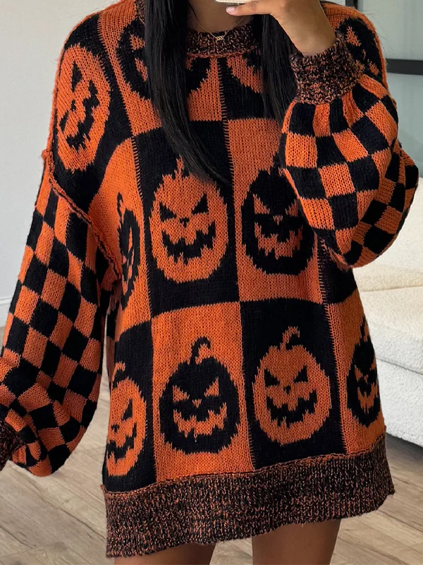 Button - Down Women's Shetland Wool Sweaters in Traditional PatternsExposed Seam Pumpkin Round Neck Long Sleeve Sweater