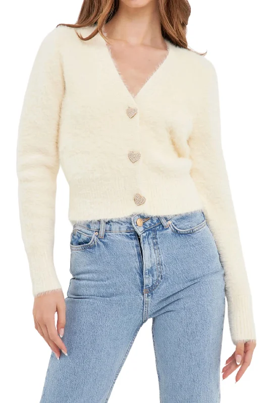 color block women cardigan with bold huesFeathered Plush Heart Buttoned Cardigan In Cream