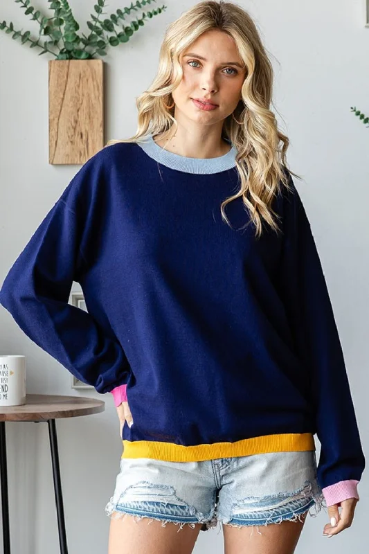 High - Low Hem Women's Cashmere - Blended SweatersFirst Love Contrast Ribbed Round Neck Long Sleeve Sweater