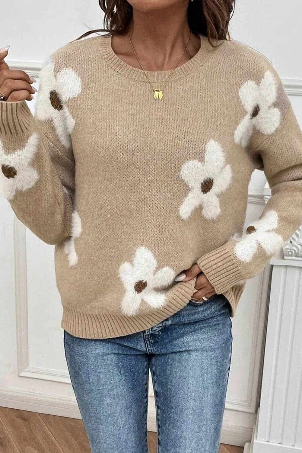 Plus Size Women's Embroidered Sweaters in Ethnic StylesFlower Round Neck Long Sleeve Sweater