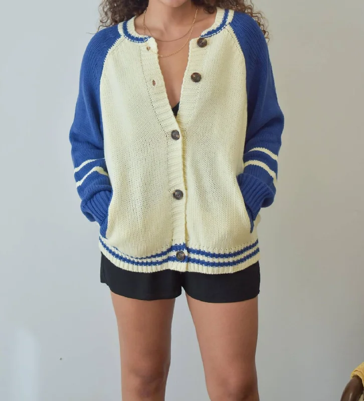 floral print women cardigan for a feminine touchGame Day Varsity Cardigan In Cream/blue