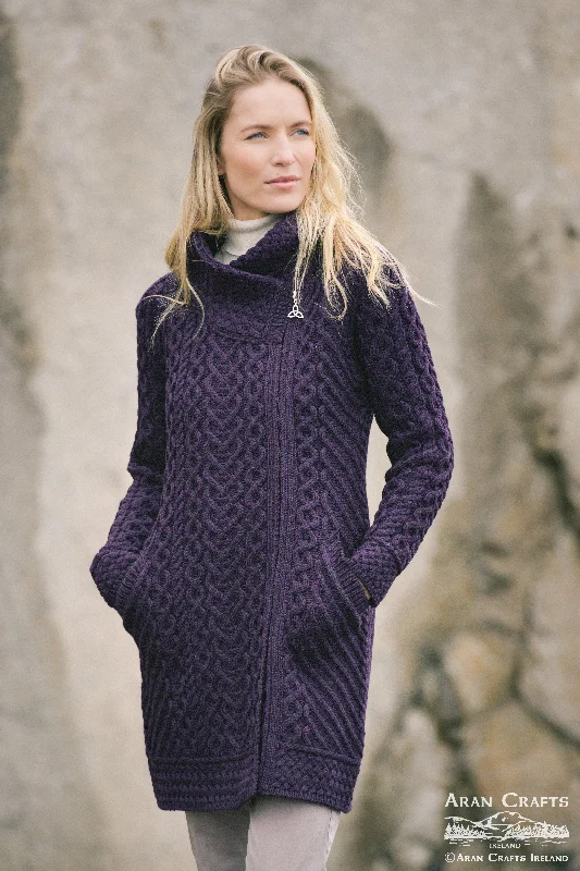 ribbed women cardigan with a classic textureAran - Claddagh Cardigan - Damson