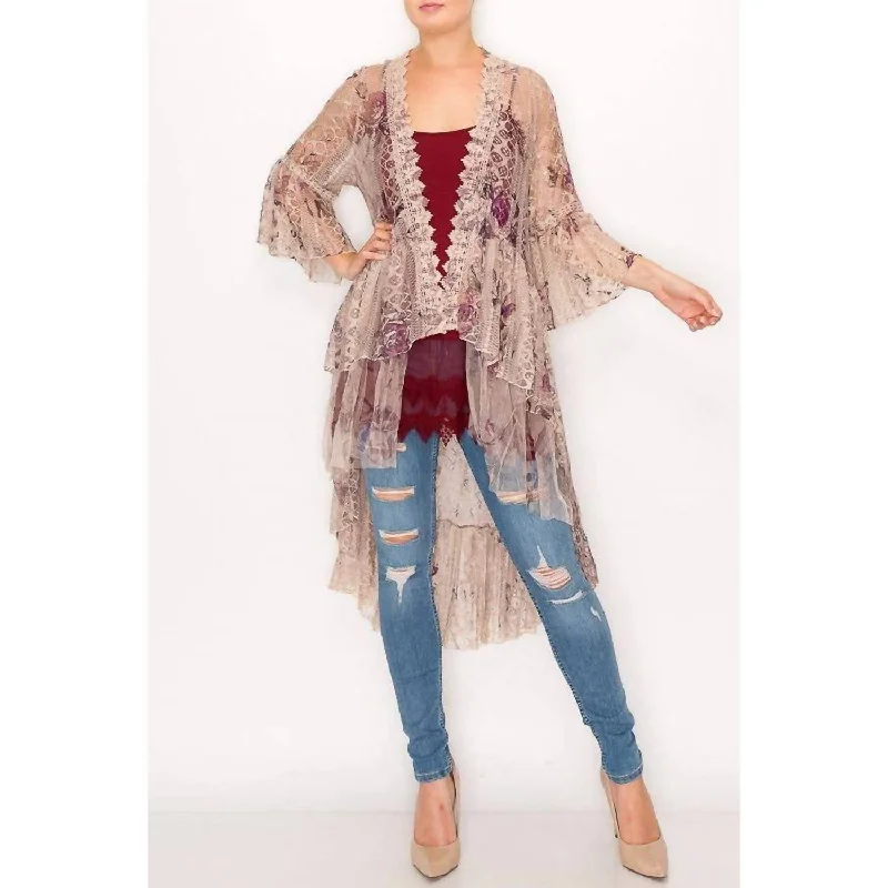 open front women cardigan for easy stylingIlana Rose Lace Cardigan In Taupe