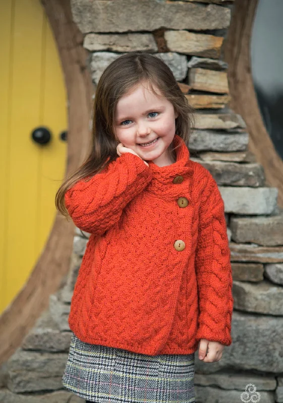 cable knit women cardigan with intricate patternsAran - Children's Asymetric Cardigan - Coral