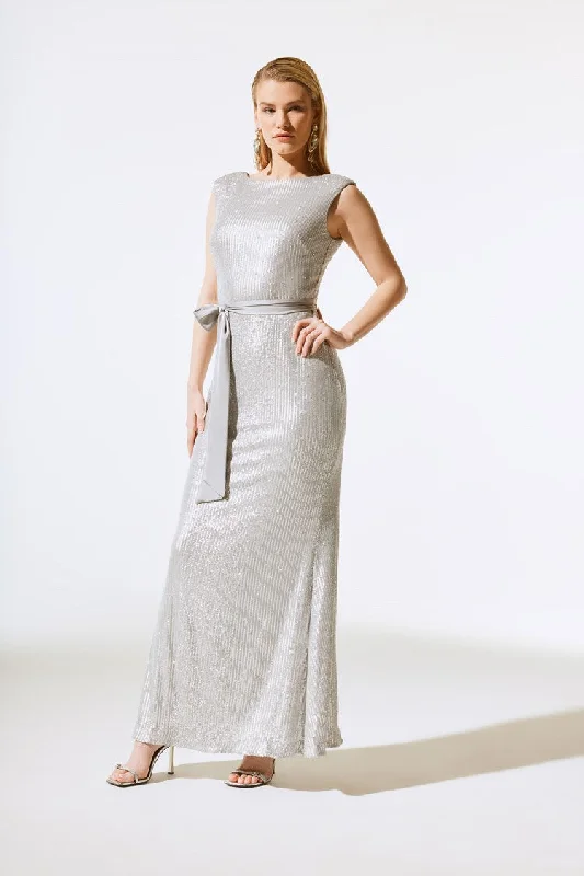 Button - Down Women's Shetland Wool Sweaters in Traditional PatternsJoseph Ribkoff Silver Sequined Gown With Satin Sash