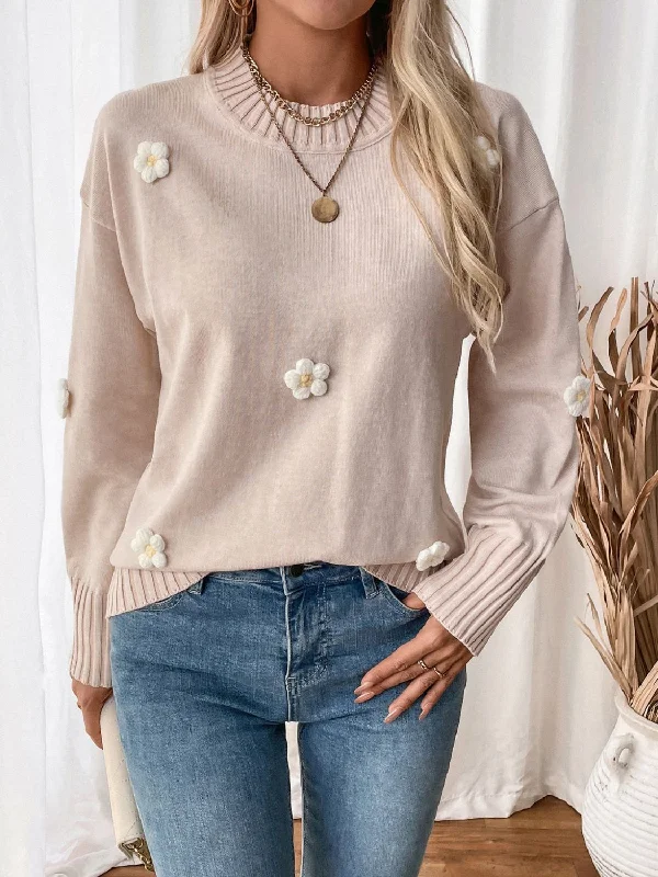 Open - Front Women's Cardigan - Style Mohair SweatersPerfee Flower Round Neck Long Sleeve Sweater