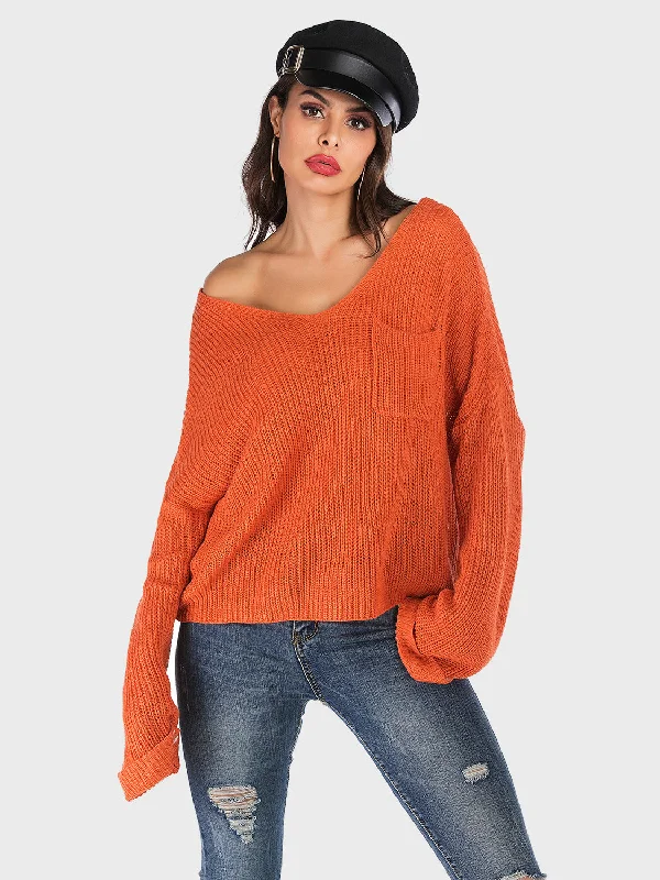 Mock Neck Women's Alpaca Wool Sweaters in Earth TonesPerfee V-Neck Dropped Shoulder Long Sleeve Sweater