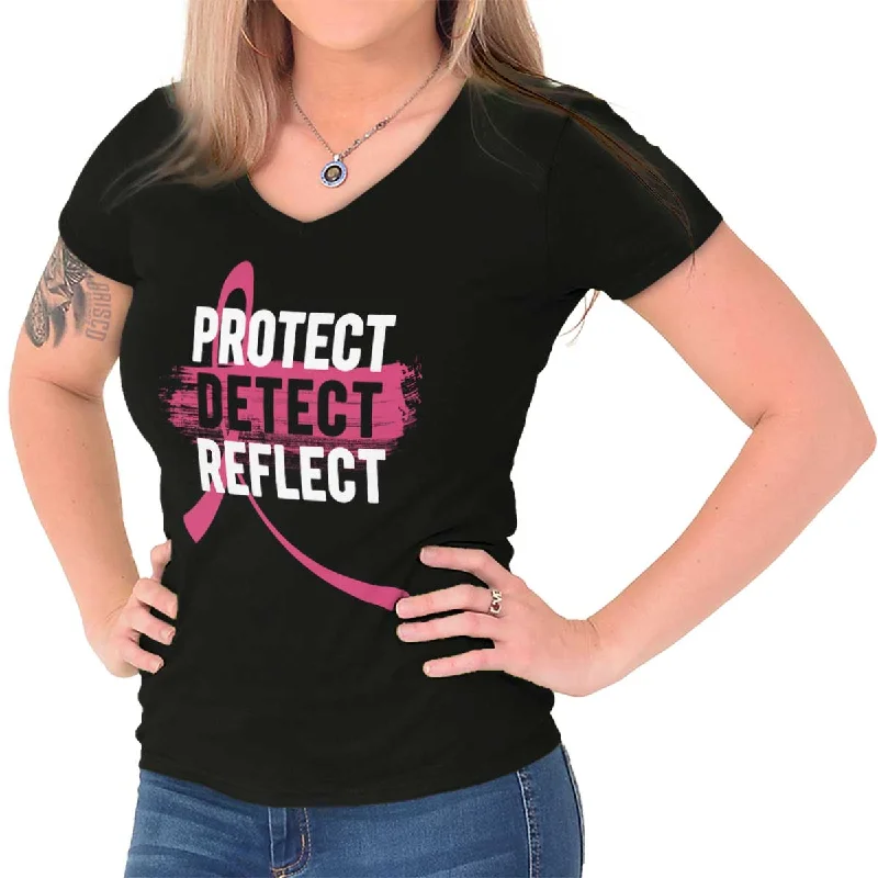 Distressed Women T Shirt with a Laid - Back AestheticProtect Detect Reflect Junior Fit V-Neck T Shirt