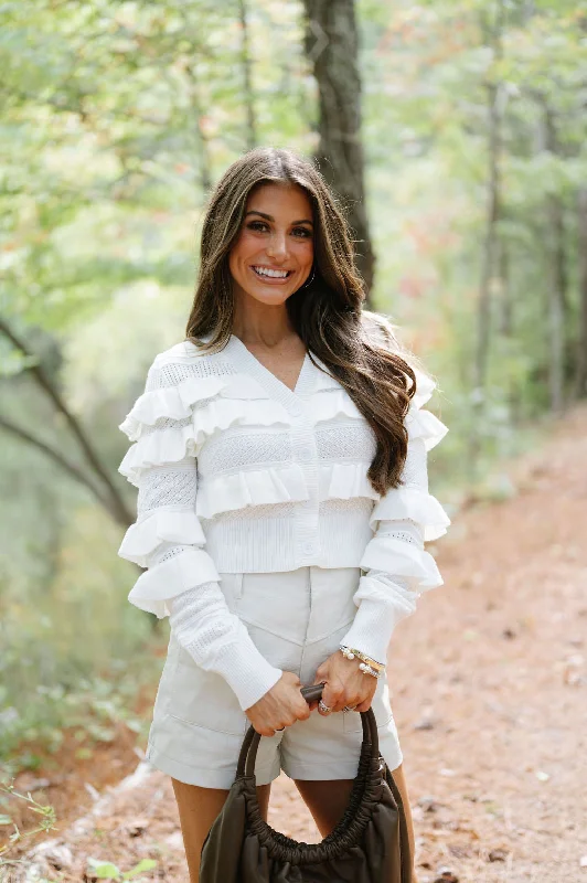 button down women cardigan with vintage buttonsRuffle V-Neck Cardigan-Ivory