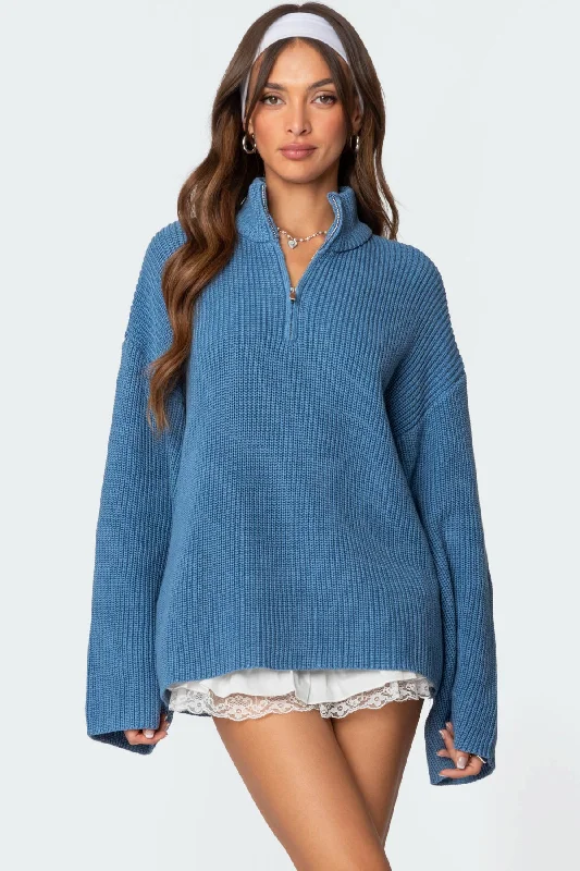 Open - Front Women's Cardigan - Style Mohair SweatersAmour High Neck Oversized Zip Sweater