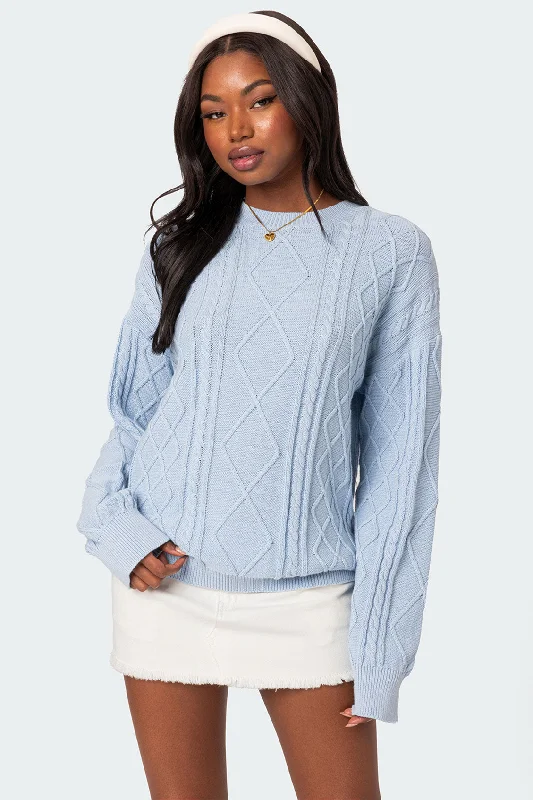 Plus Size Women's Embroidered Sweaters in Ethnic StylesJessy Cable Knit Oversized Sweater